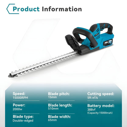 Cordless Hedge Trimmer (2000W) – Electric and Battery Operated – 510mm Blade, 18V Compatible - Small Pet Homes