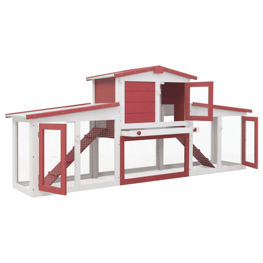 Deluxe 2 - Layer Wooden Rabbit Hutch - Spacious with Non - Slip Ramps, Removable Tray, Weatherproof Roof, Red & White - Small Pet Homes