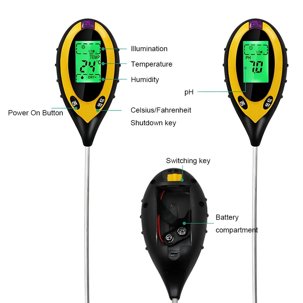 Digital 4 - in - 1 Wireless Soil Testing Tool – Measure pH, Moisture, Light & Temperature - Small Pet Homes