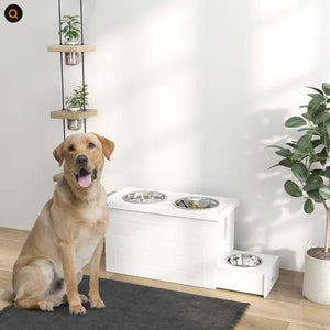 Elevated Dog Bowl Stand with Slow Feeder & Storage Cabinet – 3 Stainless Steel Bowls, Raised Feeding Station for Large Dogs - Small Pet Homes