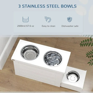Elevated Dog Bowl Stand with Slow Feeder & Storage Cabinet – 3 Stainless Steel Bowls, Raised Feeding Station for Large Dogs - Small Pet Homes