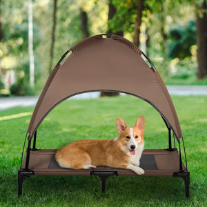 Elevated Portable Dog Cot Shelter with UV Protection Canopy – 36" Outdoor Pet Lounge, Coffee - Small Pet Homes