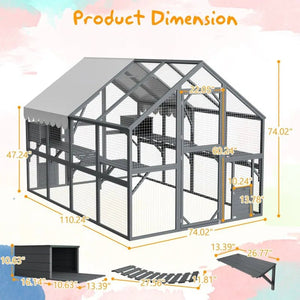 Extra Large 110” Outdoor Cat Catio with Walkways, Roof & Sleeping Areas – Large Wooden Enclosure for Garden or Backyard - Small Pet Homes