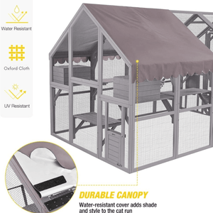 Extra Large 110” Outdoor Cat Catio with Walkways, Roof & Sleeping Areas – Large Wooden Enclosure for Garden or Backyard - Small Pet Homes