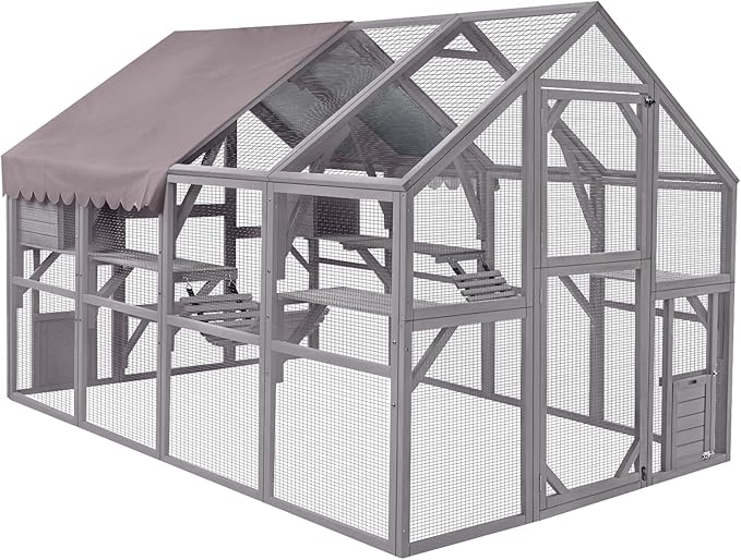 Extra Large 110” Outdoor Cat House Playpen - Cat Catio with Platform, Waterproof Roof, 2 Sleeping Rooms and 7 Walkways, for Garden or Backyard - Small Pet Homes