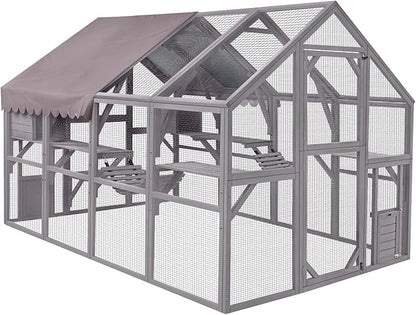 Extra Large 110” Outdoor Cat House Playpen - Cat Catio with Platform, Waterproof Roof, 2 Sleeping Rooms and 7 Walkways, for Garden or Backyard - Small Pet Homes