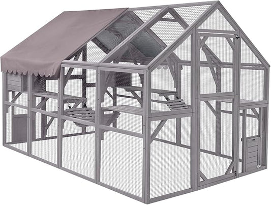 Extra Large 110” Outdoor Cat House Playpen - Cat Catio with Platform, Waterproof Roof, 2 Sleeping Rooms and 7 Walkways, for Garden or Backyard - Small Pet Homes