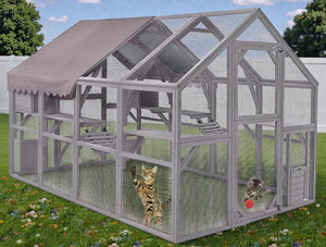 Extra Large 110” Outdoor Cat Catio with Walkways, Roof & Sleeping Areas – Large Wooden Enclosure for Garden or Backyard