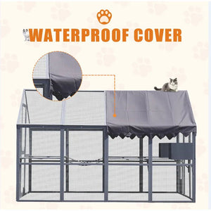 Extra Large 110” Outdoor Cat House Playpen - Cat Catio with Platform, Waterproof Roof, 2 Sleeping Rooms and 7 Walkways, for Garden or Backyard - Small Pet Homes