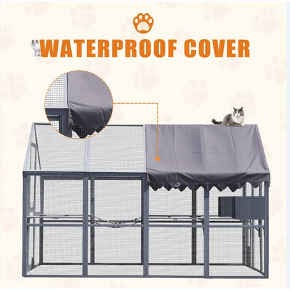 Extra Large 110” Outdoor Cat House Playpen - Cat Catio with Platform, Waterproof Roof, 2 Sleeping Rooms and 7 Walkways, for Garden or Backyard - Small Pet Homes
