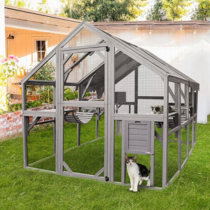 Extra Large 110” Outdoor Cat House Playpen - Cat Catio with Platform, Waterproof Roof, 2 Sleeping Rooms and 7 Walkways, for Garden or Backyard - Small Pet Homes