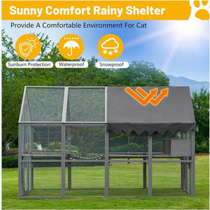 Extra Large 110” Outdoor Cat House Playpen - Cat Catio with Platform, Waterproof Roof, 2 Sleeping Rooms and 7 Walkways, for Garden or Backyard - Small Pet Homes
