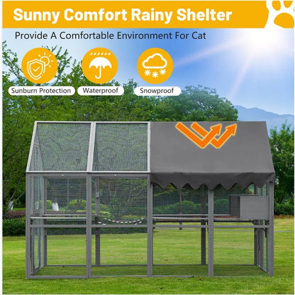 Extra Large 110” Outdoor Cat House Playpen - Cat Catio with Platform, Waterproof Roof, 2 Sleeping Rooms and 7 Walkways, for Garden or Backyard - Small Pet Homes