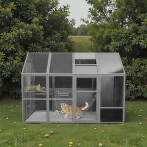 Extra - Large Outdoor Cat Enclosure - Wooden Cat House with Catwalks and Play Features - Small Pet Homes