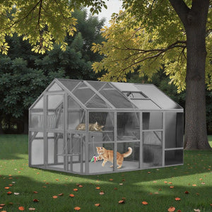 Extra-Large Outdoor Cat Enclosure - Wooden Cat House with Catwalks and Play Features