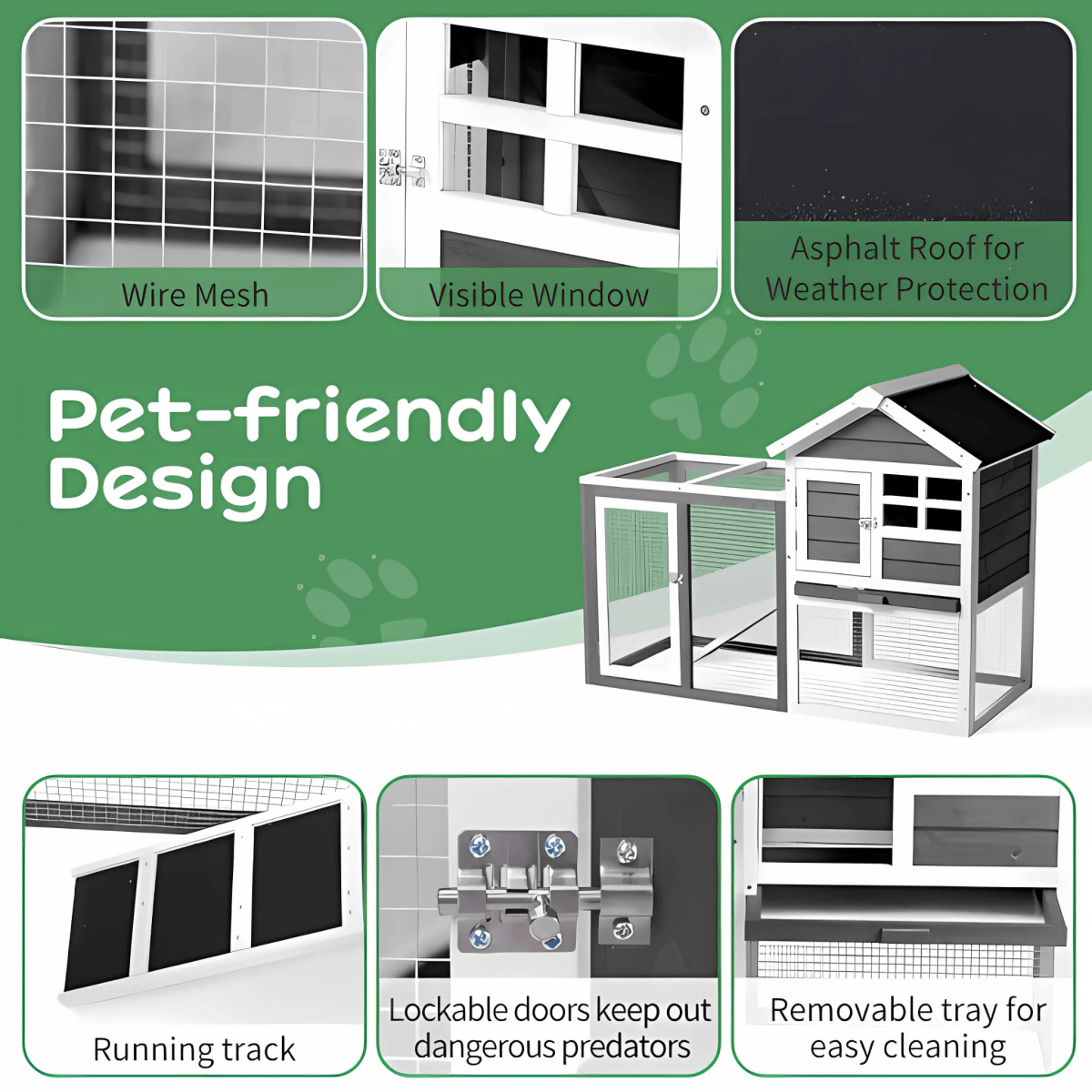 Grey Wooden Rabbit Hutch with Run – Waterproof, Easy - Clean, and Secure Home for Small Pets - Small Pet Homes
