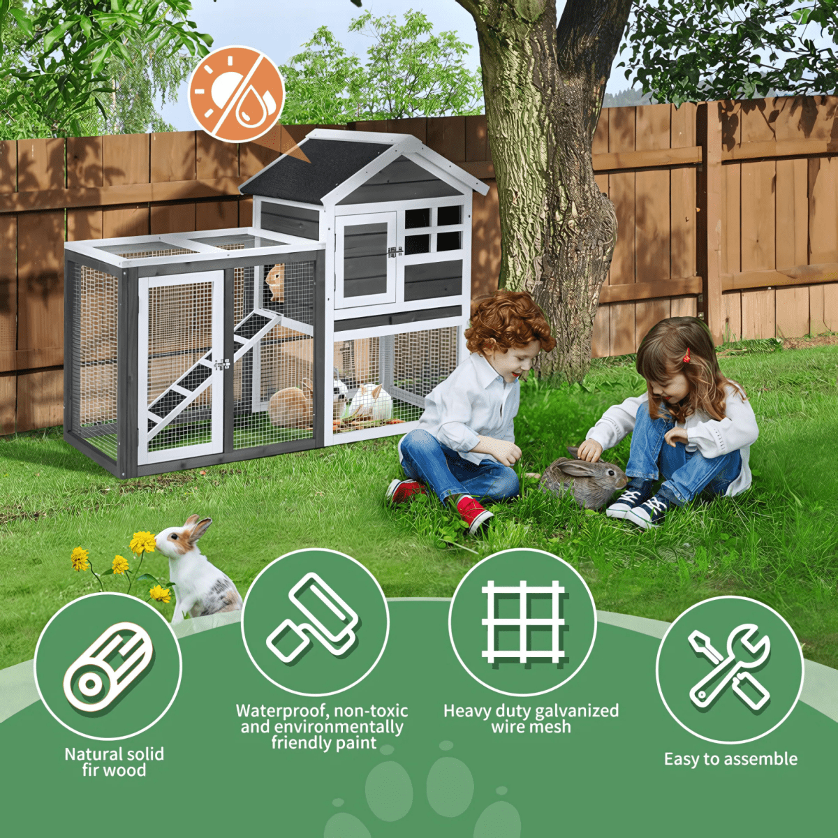 Grey Wooden Rabbit Hutch with Run – Waterproof, Easy - Clean, and Secure Home for Small Pets - Small Pet Homes