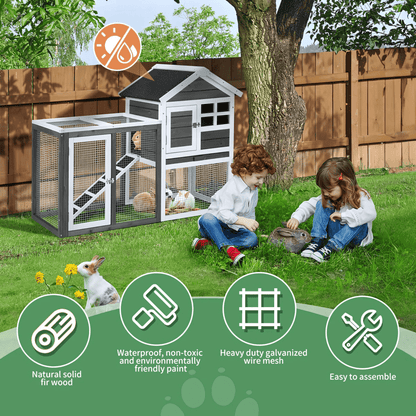 Grey Wooden Rabbit Hutch with Run – Waterproof, Easy - Clean, and Secure Home for Small Pets - Small Pet Homes