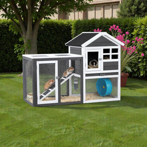 Grey Wooden Rabbit Hutch with Run – Waterproof, Easy - Clean, and Secure Home for Small Pets - Small Pet Homes