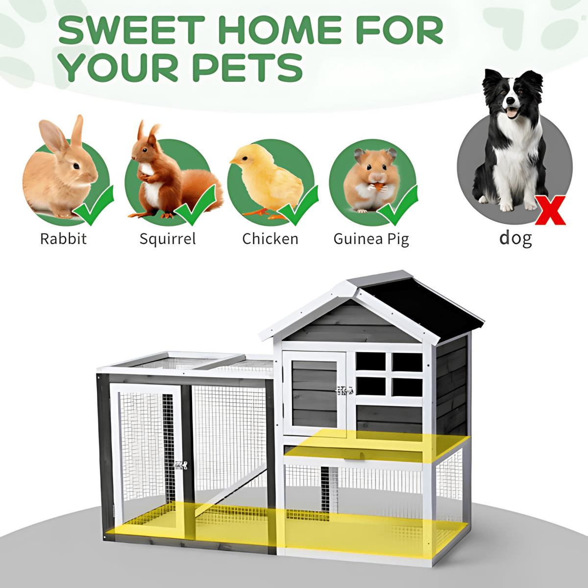 Grey Wooden Rabbit Hutch with Run – Waterproof, Easy - Clean, and Secure Home for Small Pets - Small Pet Homes