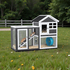 Grey Wooden Rabbit Hutch with Run – Waterproof, Easy - Clean, and Secure Home for Small Pets - Small Pet Homes