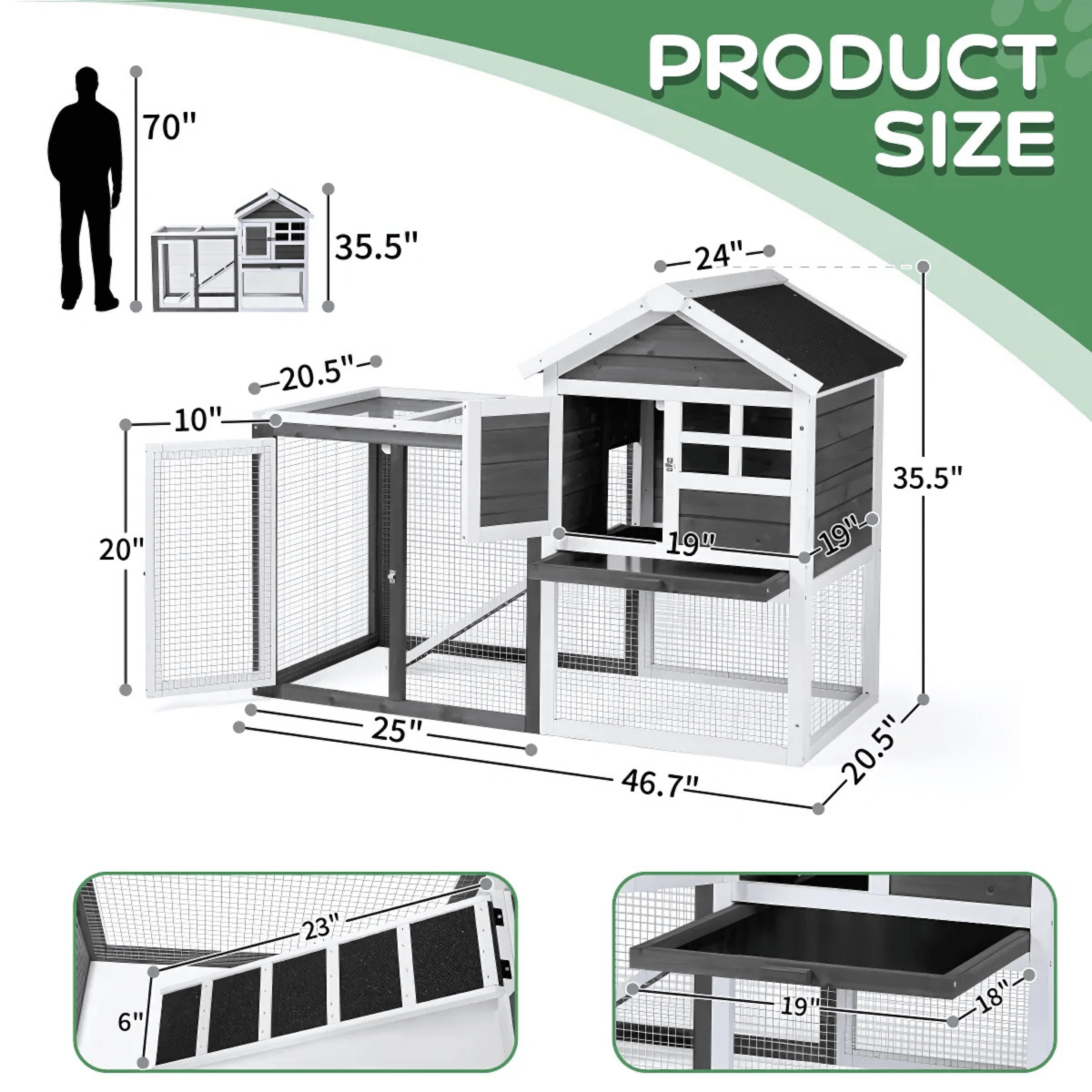 Grey Wooden Rabbit Hutch with Run – Waterproof, Easy - Clean, and Secure Home for Small Pets - Small Pet Homes