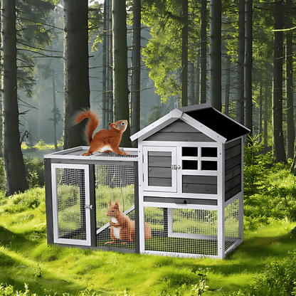 Grey Wooden Rabbit Hutch with Run – Waterproof, Easy - Clean, and Secure Home for Small Pets - Small Pet Homes