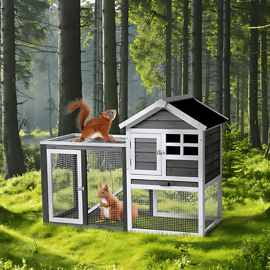 Grey Wooden Rabbit Hutch with Run – Waterproof, Easy - Clean, and Secure Home for Small Pets - Small Pet Homes