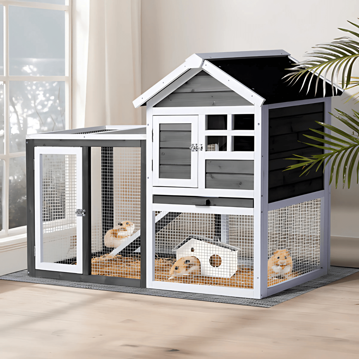 Grey Wooden Rabbit Hutch with Run – Waterproof, Easy - Clean, and Secure Home for Small Pets - Small Pet Homes