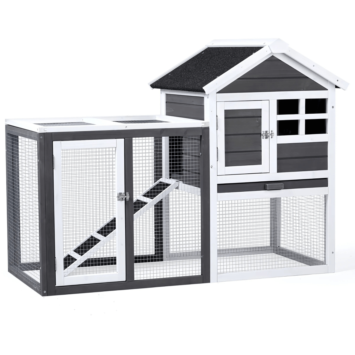 Grey Wooden Rabbit Hutch with Run – Waterproof, Easy - Clean, and Secure Home for Small Pets - Small Pet Homes