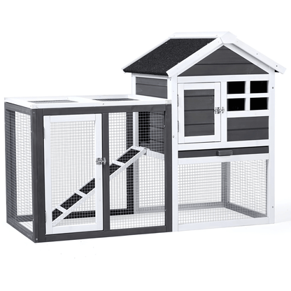 Grey Wooden Rabbit Hutch with Run – Waterproof, Easy - Clean, and Secure Home for Small Pets - Small Pet Homes