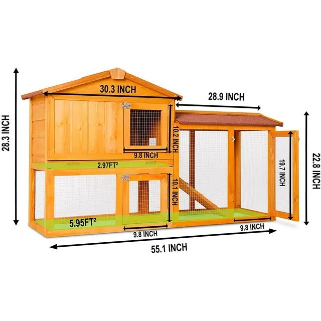 Indoor & Outdoor 2 - Level Rabbit & Chicken Enclosure – Wooden Bunny & Hen House - Small Pet Homes