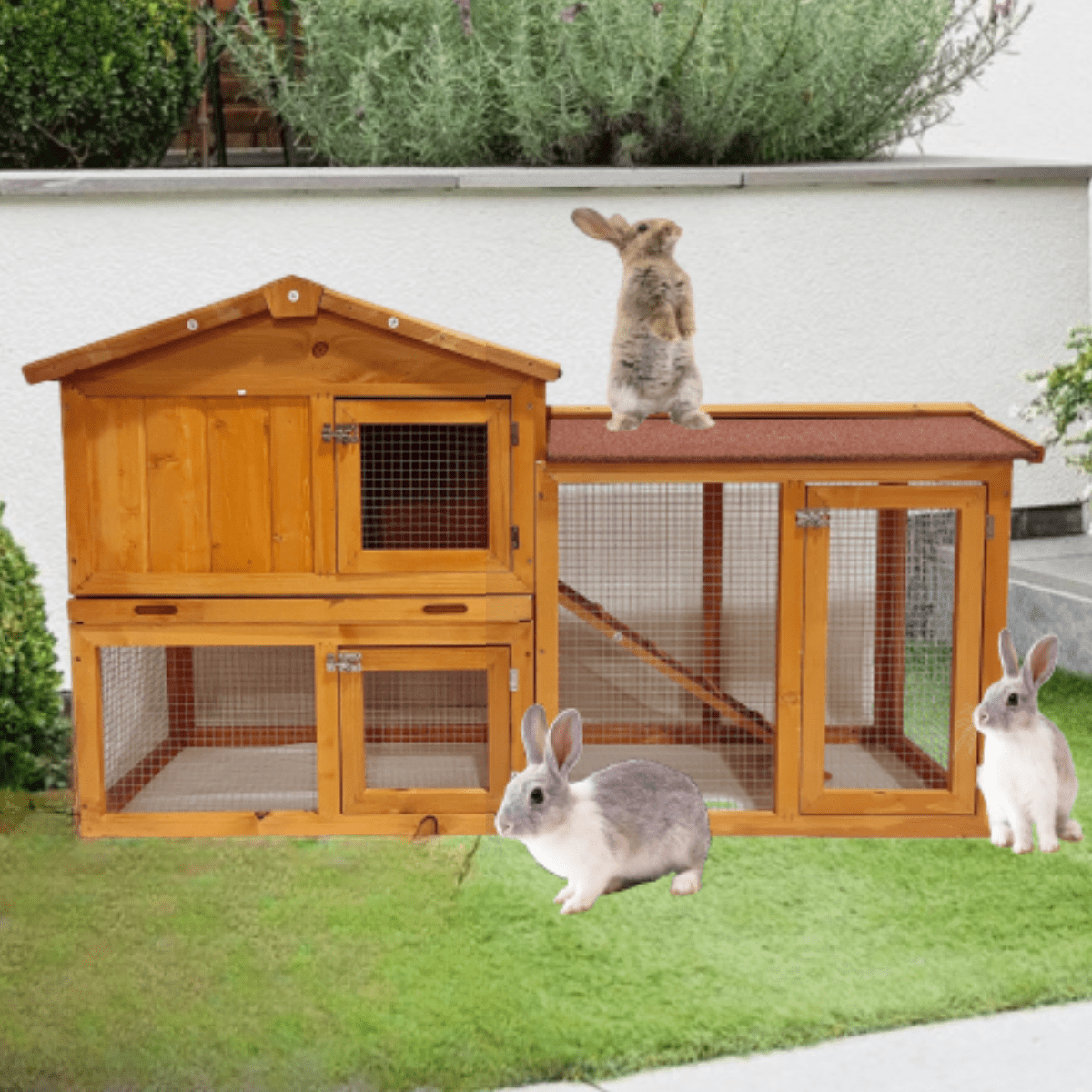 Indoor & Outdoor 2 - Level Rabbit & Chicken Enclosure – Wooden Bunny & Hen House - Small Pet Homes