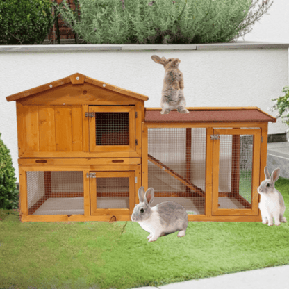 Indoor & Outdoor 2 - Level Rabbit & Chicken Enclosure – Wooden Bunny & Hen House - Small Pet Homes