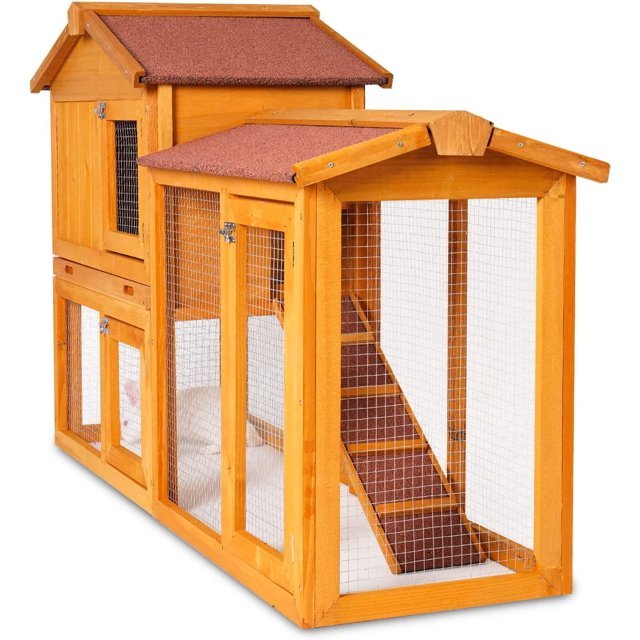 Indoor & Outdoor 2 - Level Rabbit & Chicken Enclosure – Wooden Bunny & Hen House - Small Pet Homes