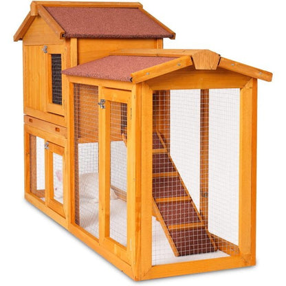 Indoor & Outdoor 2 - Level Rabbit & Chicken Enclosure – Wooden Bunny & Hen House - Small Pet Homes