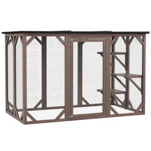 Outdoor Cat Safety House – 71" Wooden Catio with Platforms, Large Enter Door & Weatherproof Asphalt Roof, Brown - Small Pet Homes