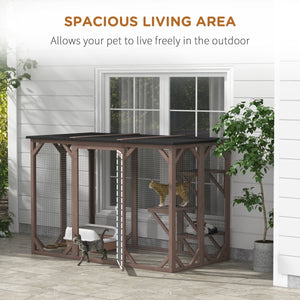 Outdoor Cat Safety House – 71" Wooden Catio with Platforms, Large Enter Door & Weatherproof Asphalt Roof, Brown - Small Pet Homes