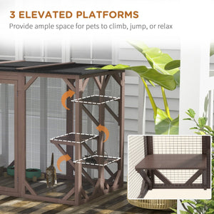 Outdoor Cat Safety House – 71" Wooden Catio with Platforms, Large Enter Door & Weatherproof Asphalt Roof, Brown - Small Pet Homes