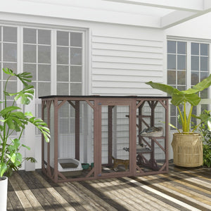 Outdoor Cat Safety House – 71" Wooden Catio with Platforms, Large Enter Door & Weatherproof Asphalt Roof, Brown - Small Pet Homes