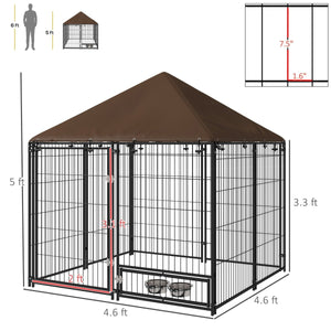 Outside Dog Kennel, 4.6' x 4.6' x 5' Puppy Play Pen with Canopy, Garden Playpen Fence Crate Enclosure Cage Rotating Bowl, for Dogs, Chickens, Ducks, Black - Small Pet Homes