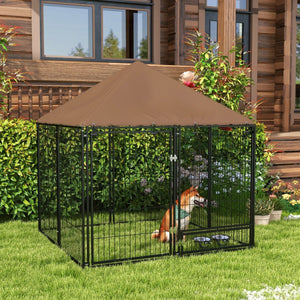 Outside Dog Kennel, 4.6' x 4.6' x 5' Puppy Play Pen with Canopy, Garden Playpen Fence Crate Enclosure Cage Rotating Bowl, for Dogs, Chickens, Ducks, Black - Small Pet Homes