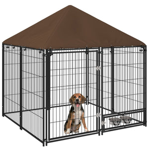 Outside Dog Kennel, 4.6' x 4.6' x 5' Puppy Play Pen with Canopy, Garden Playpen Fence Crate Enclosure Cage Rotating Bowl, for Dogs, Chickens, Ducks, Black - Small Pet Homes