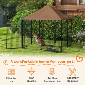 Outside Dog Kennel, 4.6' x 4.6' x 5' Puppy Play Pen with Canopy, Garden Playpen Fence Crate Enclosure Cage Rotating Bowl, for Dogs, Chickens, Ducks, Black - Small Pet Homes