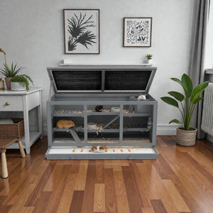 Oversized Wooden Hamster Cage with Open Roof, Cabin, and Ramp - Large Habitat for Hamsters and Small Animals