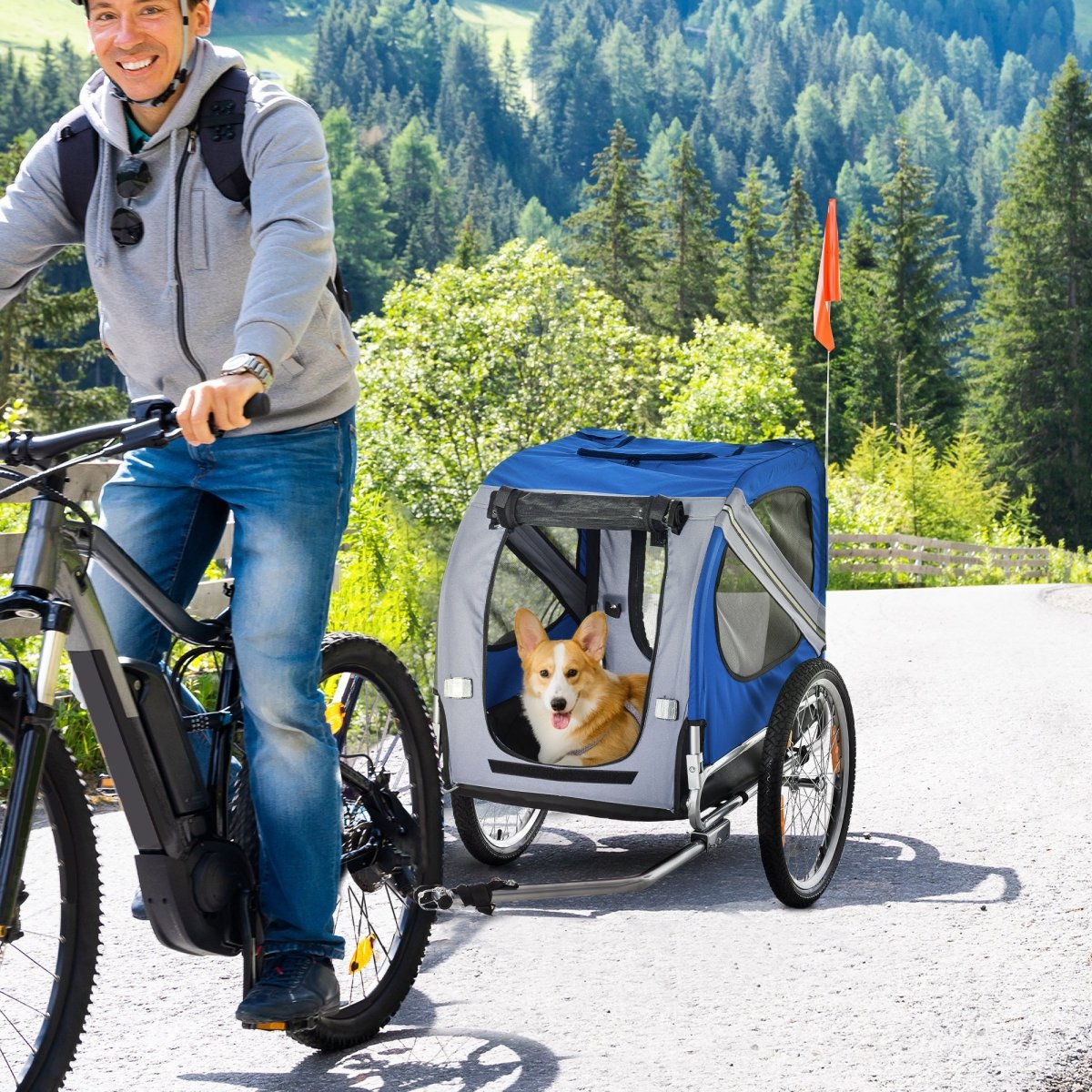 Pet Bike Cart – Folding Dog Trailer, 3 Entrances, 44 lb Max, Blue/White - Small Pet Homes