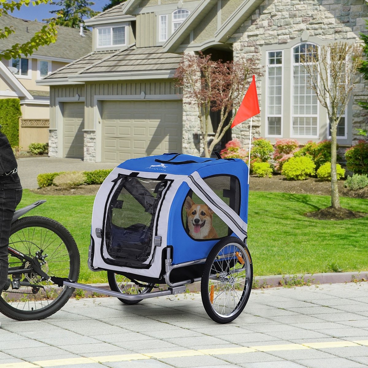Pet Bike Cart – Folding Dog Trailer, 3 Entrances, 44 lb Max, Blue/White - Small Pet Homes