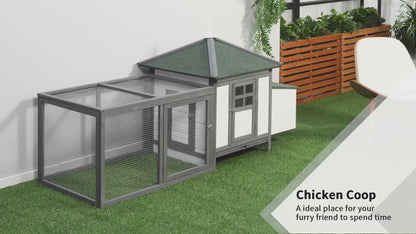 Chicken Coop with Run and Nesting Box – 77” Wooden Hen House with Tray, Ramp, Predator-Proof, Grey
