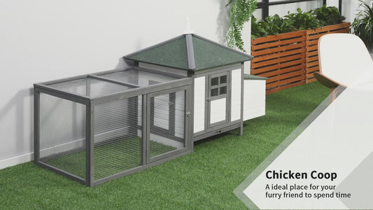 Chicken Coop with Run and Nesting Box – 77” Wooden Hen House with Tray, Ramp, Predator-Proof, Grey