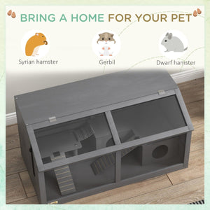 Rat & Hamster Cage Playhouse for Gerbils – Multi - Level Indoor Habitat with Suspension Bridge, Ladders & Openable Top Hut - Small Pet Homes
